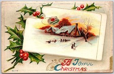 Joyful Christmas, 1912 Snow, Holly Leaves, Cherries, Greetings, Holiday Postcard