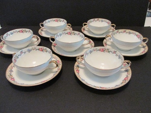 7 Antique Limoges SOUP CUPS & SAUCERS Double Handle C Ahrenfeldt Flowers