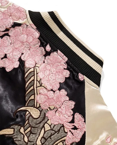 Men Souvenir Jacket Japanese Pattern Embroidery Dragon Sakura Reversible Sukajan - Picture 7 of 10