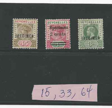 Seychelles Spécimens 1893 To 1912 Scott #' S 15,33,64 Mlh Libre Monde Livraison
