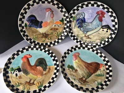4 Farmhouse Chic Chicken Wall Plates Black White Checkered Rim