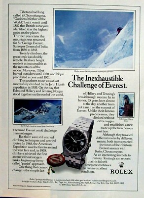  Rolex Sir Edmund Hillary Mt Everest 1989 Vintage Original Print Ad 8.5 x 11''