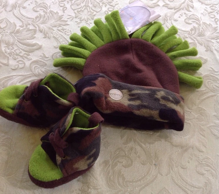 Mimi Couture Little Locks Brown/Green Mohawk Hat & Fleece Slip-Ons Size 12-24 M