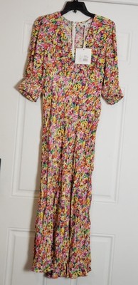 Rixo Women's Multicolor Floral Maxi Long Dress V-Neck 3/4 Puff Sleeve 14