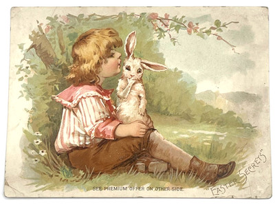 Woolson Spice Easter Secrets Trade Card Lion Coffee Girl with Rabbit c1890