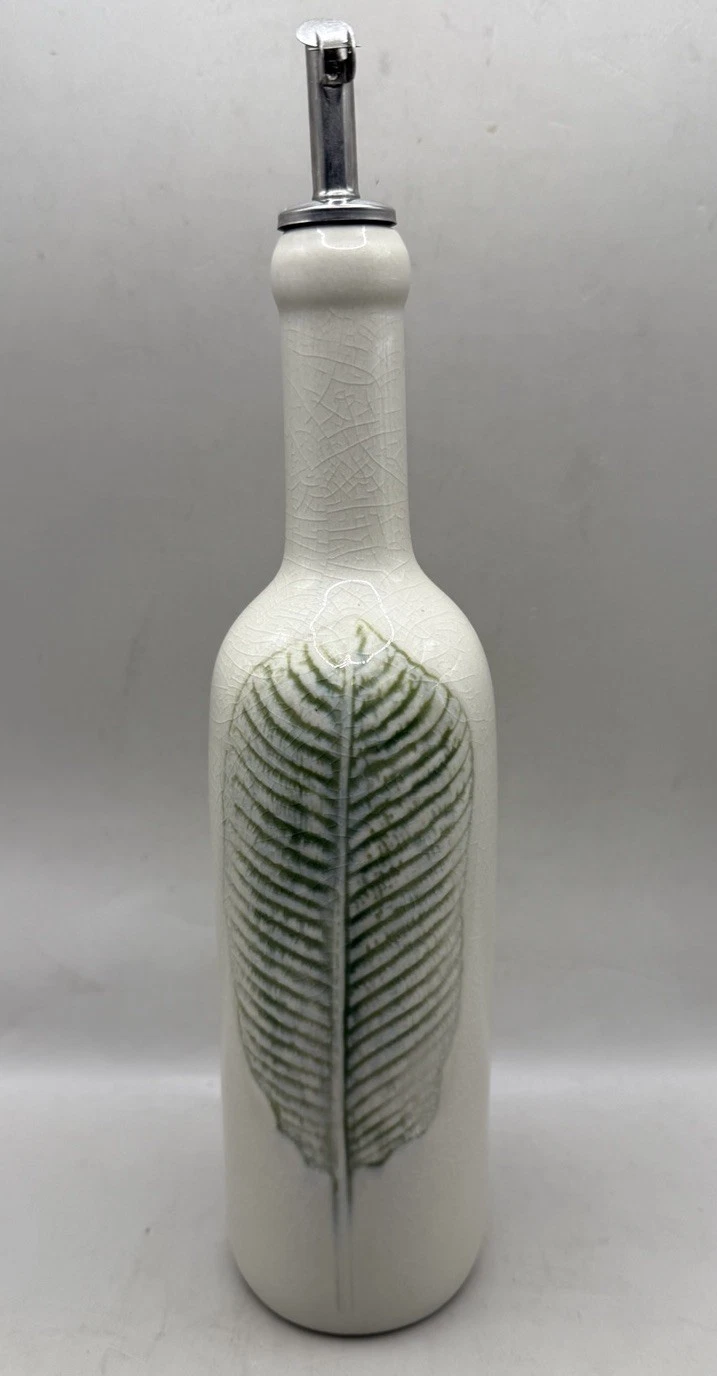 Ceramic Olive Oil Dispenser Leaf Design Cruet Bottle 15oz 9.75" Tall Natural