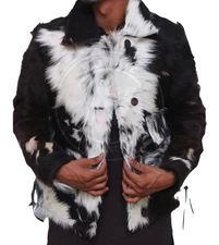 Men’s Cowhide Hair-On Leather Jacket Black White Animal Print Western Rodeo Coat