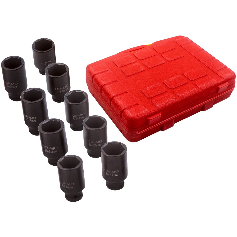 New 1/2"" Drive Axle Nut Hub Air Impact Deep Socket Set 9Pc 29-38mm With Case