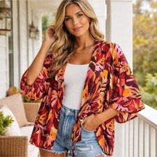 NWT Tropical Leaf Kimono Cardigan S/M Bold Fall Boho Open Front Lightweigh D1