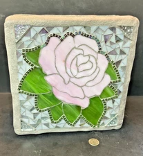 Rare & unique Stained Glass Rose Mosaic 8" Glass Brick Hole  for Lights