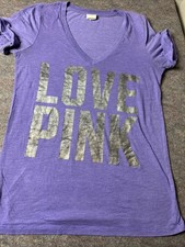 Victorias Secret PINK LOVE FAMOUS Purple Vintage Y2k Tee Shirt Large