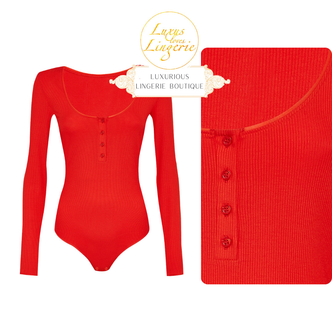 Henley String Body By Wolford L Large Cherry Red With Elegant Rib Button Placket
