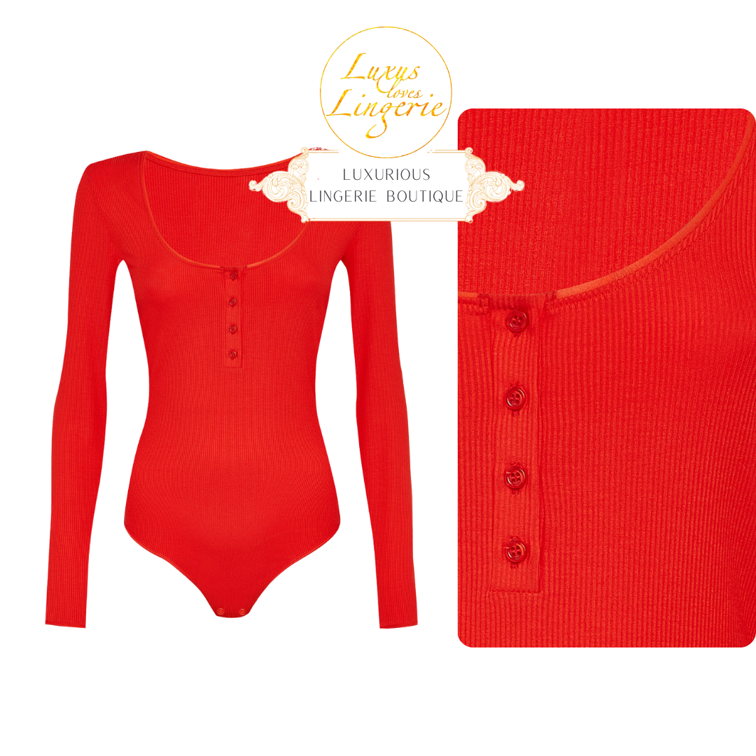 HENLEY STRING BODY by Wolford L Large cherry rot mit eleganter Rippe Knopfleiste