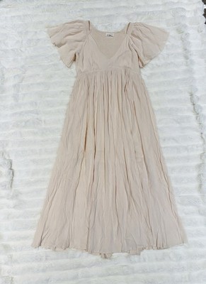 in loom Beige Smocked Pleated Maxi Dress V-Neck Flutter Sleeve S
