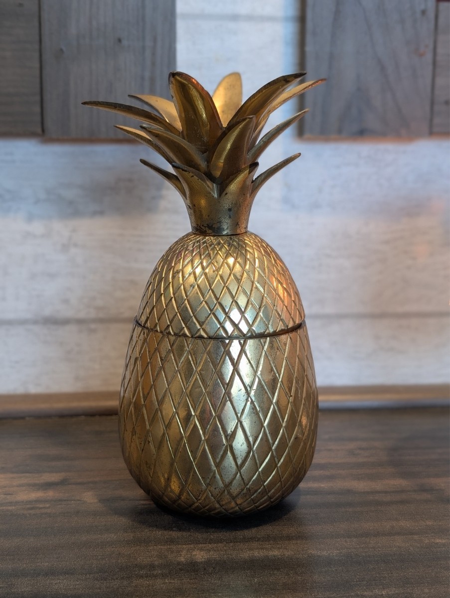 Vintage Brass Pineapple Jar Container Canister with Lid 7'' Tall