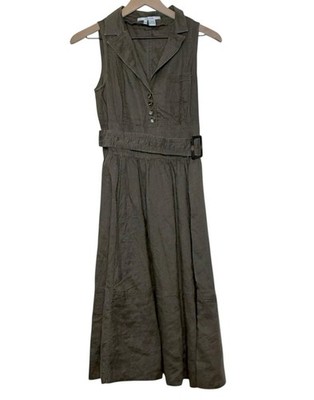 Zara Basic Medium Sleeveless Belted Button Up Midi Dress Green Utility Safari