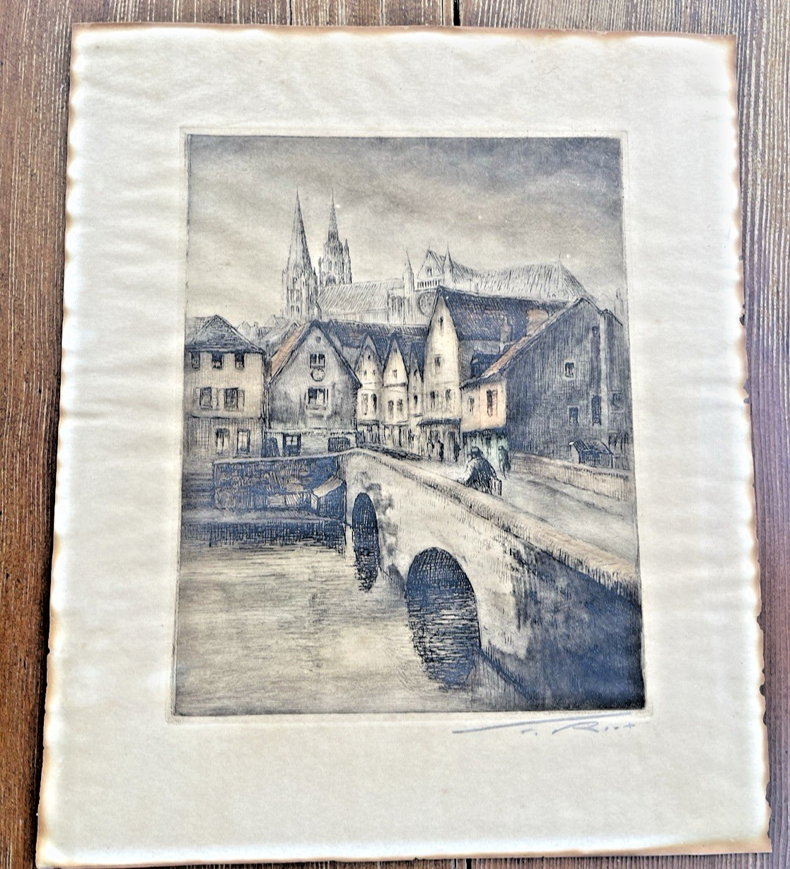 Chartres Cathedral French Aquatint Etching Signed T. Rost, Old Stone Bridge