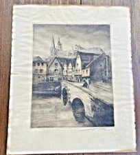 Chartres Cathedral French Aquatint Etching Signed T. Rost, Old Stone Bridge