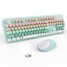 Wireless Keyboard Mouse Set 105 Round Keys Retro Typewriter Light Blue