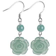 Blue Myanmar Jade Rose Earrings Natural Jewelry Real Burmese Jadeite 925 Silver