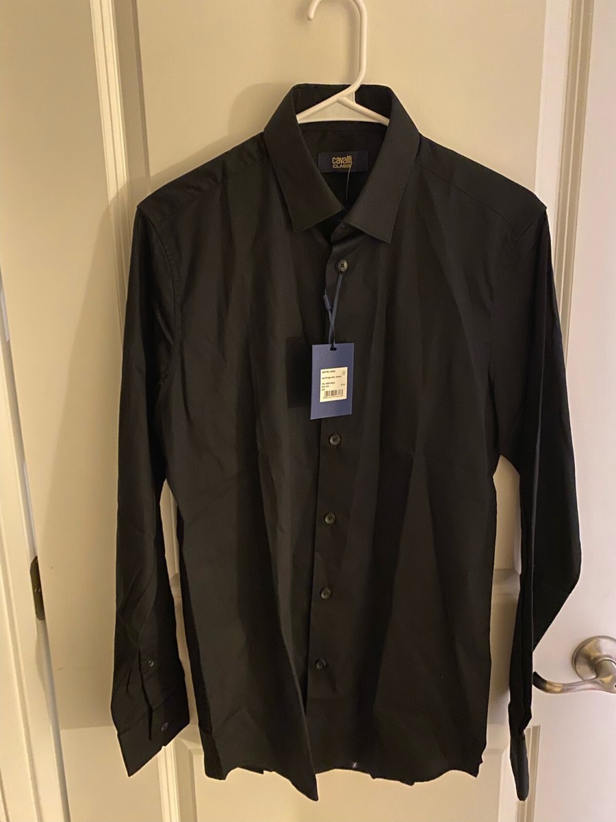 Cavalli Class Men's Slim Fit Logo Dress Shirt Button Up Black Sizes 15 15.5 16 Cavalli Class Men's Slim Fit Logo Dress Shirt Button Up Black Sizes 15 15.5 16