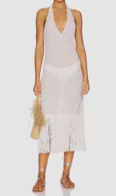 Waimari D267LCW Women's Sz Medium White Levisa Fringe Hem Halter Midi Dress $325