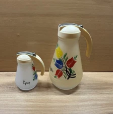 2 Vintage Hazel Atlas Frosted Glass Floral Waffle Batter Syrup Pitchers  READ