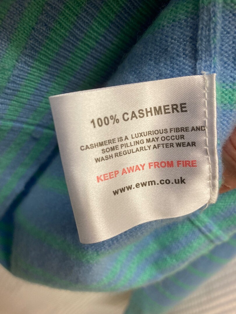 Ladies LOCHMERE 100 cashmere blue and green striped jumper UK Size M