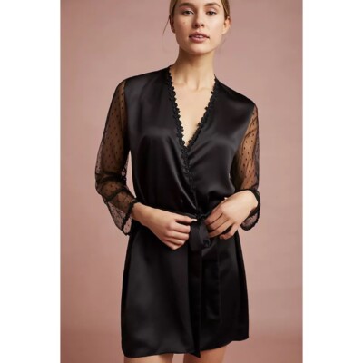 Flora Nikrooz Black Robe Satin Lace Small S