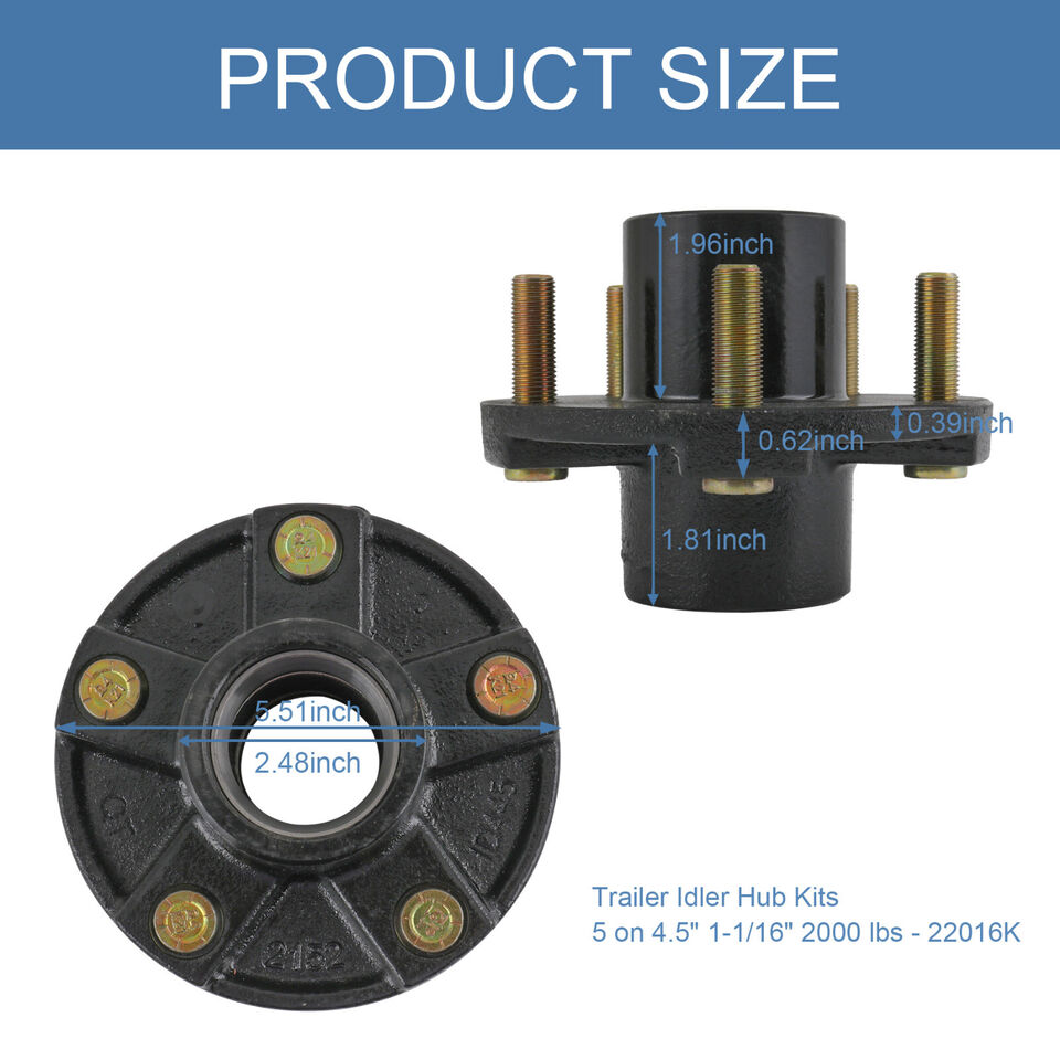 2,000 Lbs Trailer Axle Bearings - BT8 Idler Hub Kit - 5 On 4.5" - 1 In Spindle - (2
