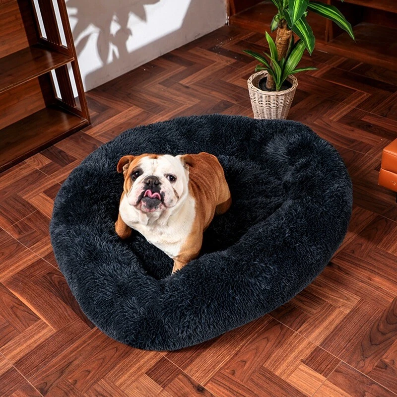 Thick round, super soft, long plush cushion pet bed for warm pets Dark Gray