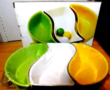 Citrus~Oval 3 Pc. Ceramic Condiment Serving Set White Green Yellow 5.5"x8" NEW!!