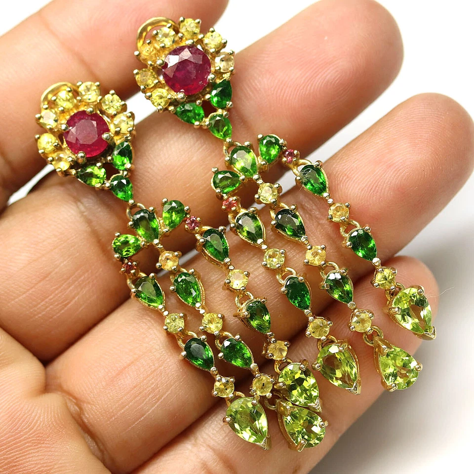 925 Sterling Silver Red Ruby, Peridot, Diopside & Sapphire Earrings 18K Gold - Image 2 of 4