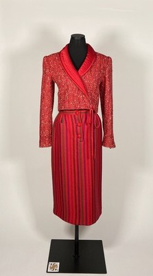 111 1990s Valentino skirt set, jacket, deep red tweed, stripes, satin size 6