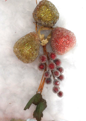 Christmas Ornaments - SUGAR FROSTED VENETIAN DEW FRUIT - 2 PEAR, APPLE, GRAPES
