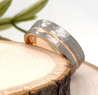 8mm Rose Gold Tungsten Carbide Ring Silver Hammered Texture Modern Fashion Band