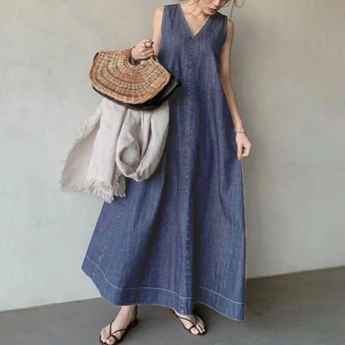 Baumwolle Damen Maxikleid locker ärmellos Trägerkleid weich A-Linie knöchellang L - Bild 16 von 24