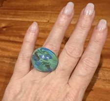 Murano Style Art Glass Dome Ring aqua/green/lavender/Gold Swirl Lampwork sz 7