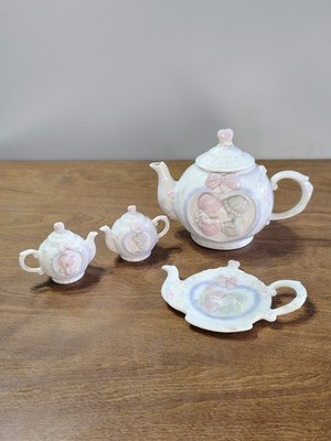 Vintage 1993 Precious Moments Teapot, Teabag Holder And Salt And Pepper Shakers