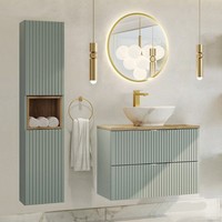 BadmöBel Set 80Cm Waschtisch Waschbecken Spiegel Hochschrank GrüN Und Eiche
