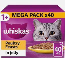 40 x 85g Whiskas 1+ Poultry Feasts Mixed Adult Wet Cat Food Pouches in Jelly 5.59 per kilo