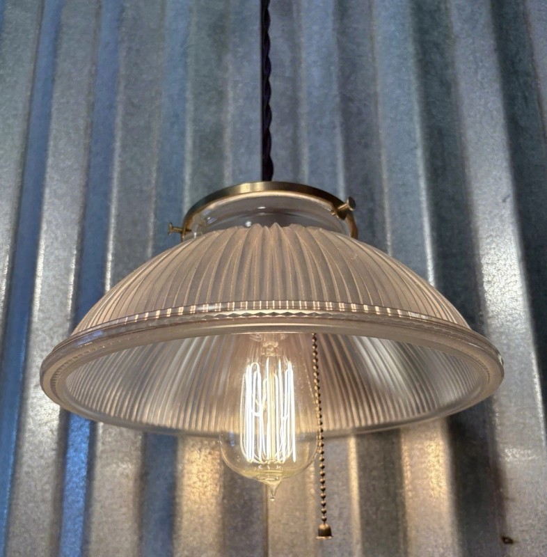 Antique Vintage  Holophane Prismatic Glass Shade industrial Pendant light