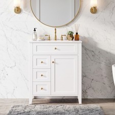 24" White Modern Bathroom Vanity Ceramic Sink,Metal Handles,Soft-Close Door