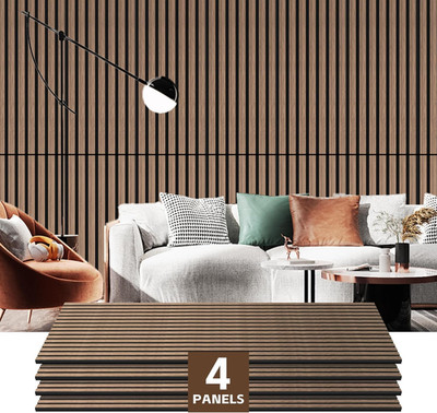 4 Pack Wood Slat Wall Panels 3D Fluted Acoustic Walnut Decor