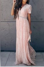 Merokeety Boho Lace V Neck Short Sleeve Maxi Dress Size L NWT