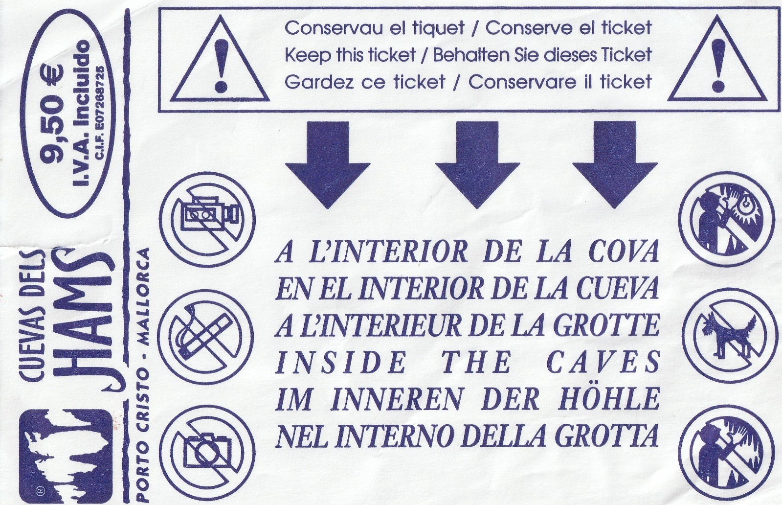 ESP_Dok_003 Ticket to Stalactite Cave Cuevas Dels Hams Porto Christo