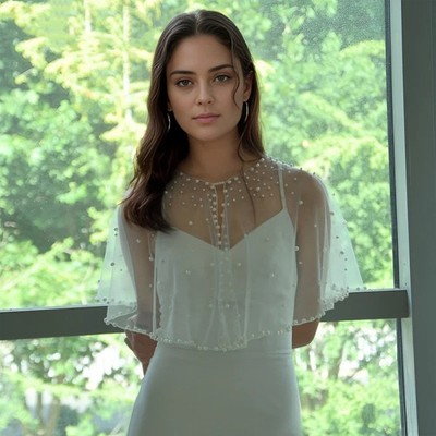 Pearl Bridal Cape Wedding Bolero Sheer Tulle Bridal Shawl Wrap Cover Up