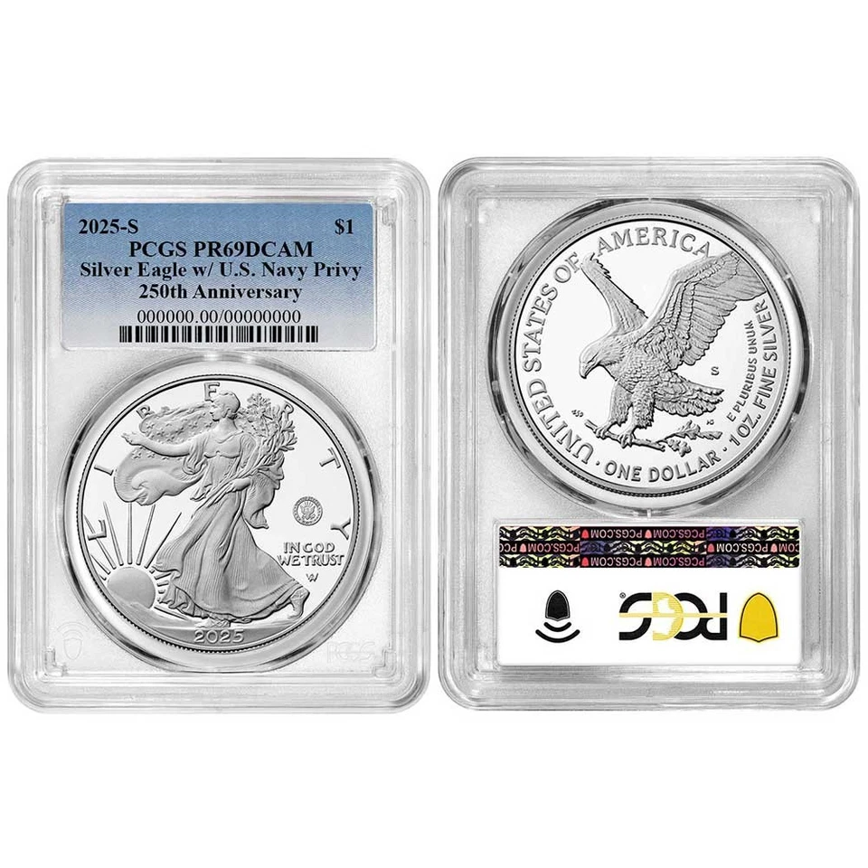 Preventa - Prueba 2025-S $1 American Silver Eagle Navy Privy PCGS PR69DCAM Azul Foto 3 de 3