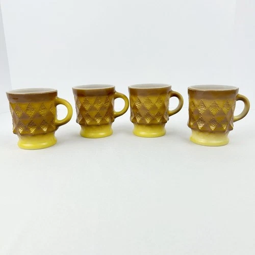 Fire-King Kimberly Amber Mugs Set of 4 Vintage Anchor Hocking Milk Glass