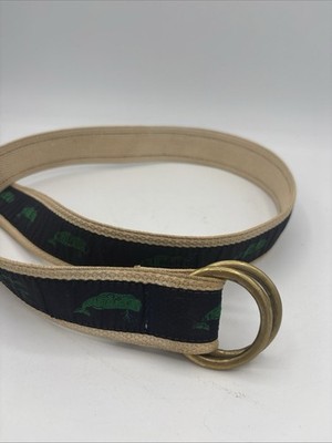 VTG CAPE COD CANVAS RIBBON BELT PREPPY TRAD Whales Navy BRASS RING MEN L 39inch
